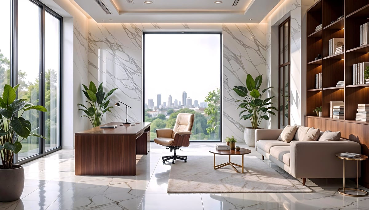 An ultra-modern, luxurious office room for a perfect luxurious yet calm workspace.