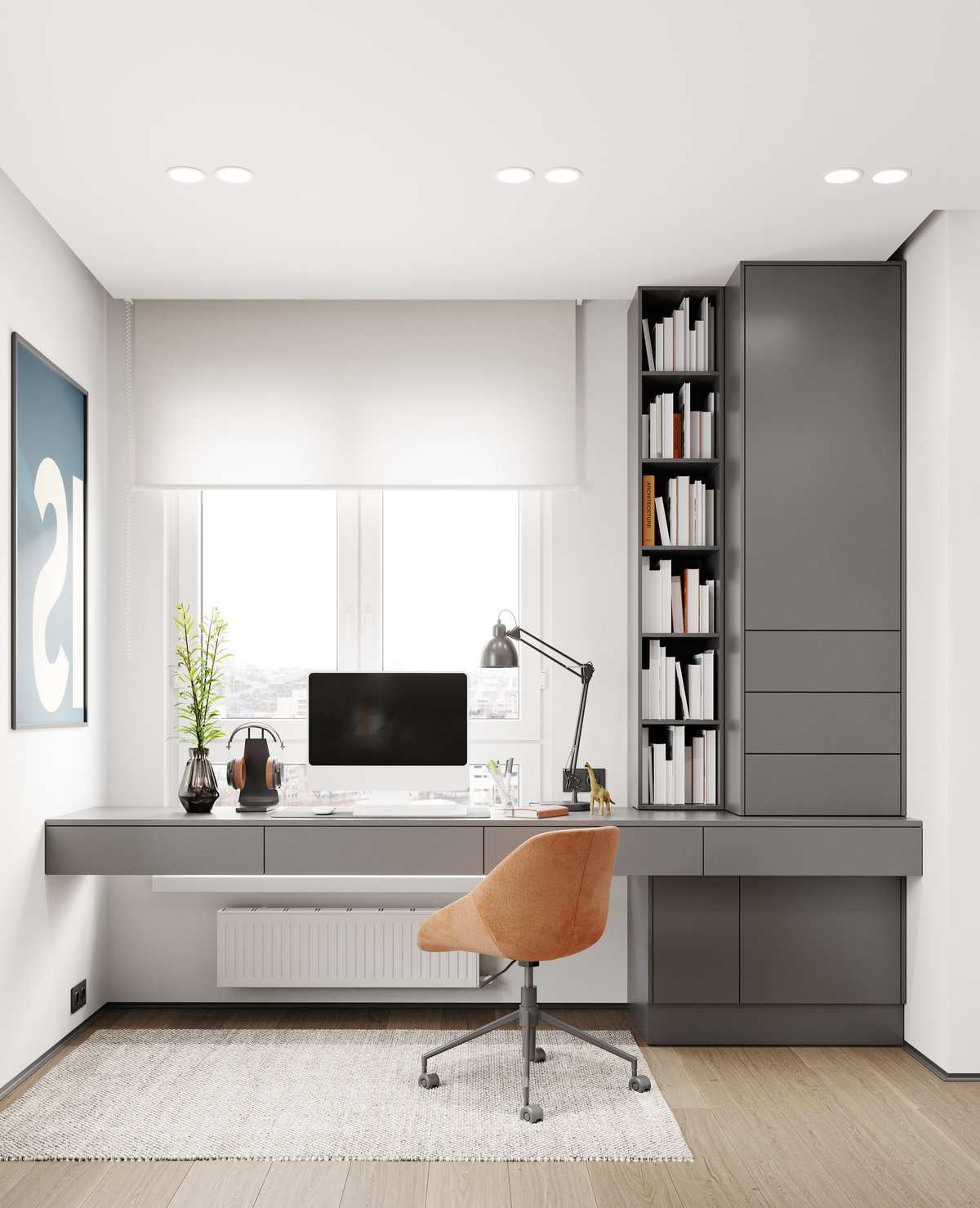 Modern home office with wall desk, bookcase and window lighting.