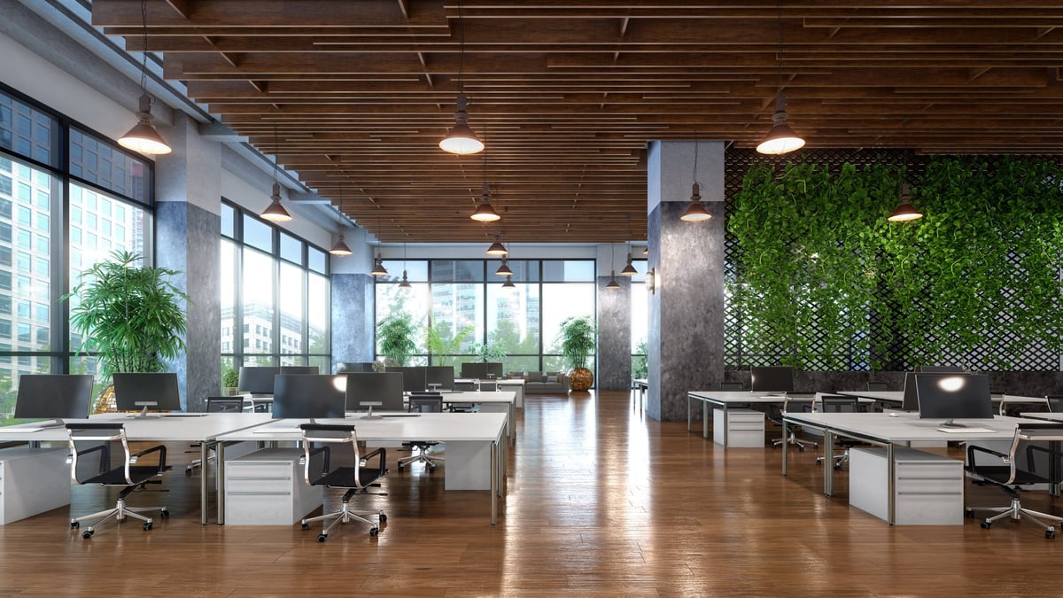Open office with view from a large windows interior.